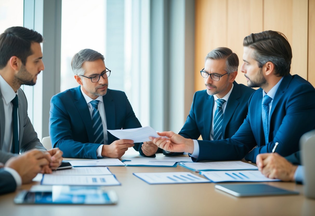 Un groupe de partenaires commerciaux discutant des stratégies financières et analysant des données dans une salle de réunion.