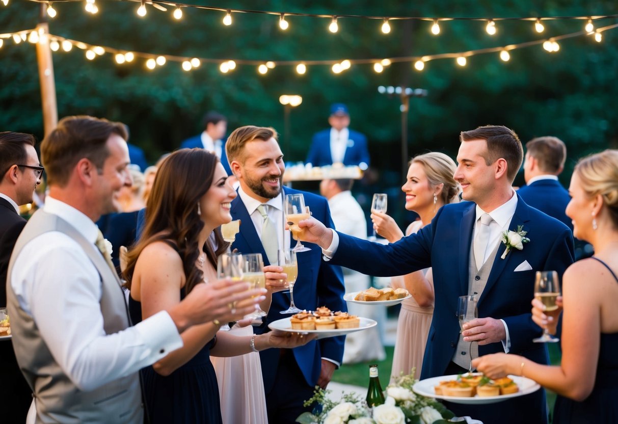 Guests mingling at outdoor reception, clinking glasses and chatting under twinkling lights. Waiters serve hors d'oeuvres as a band plays in the background