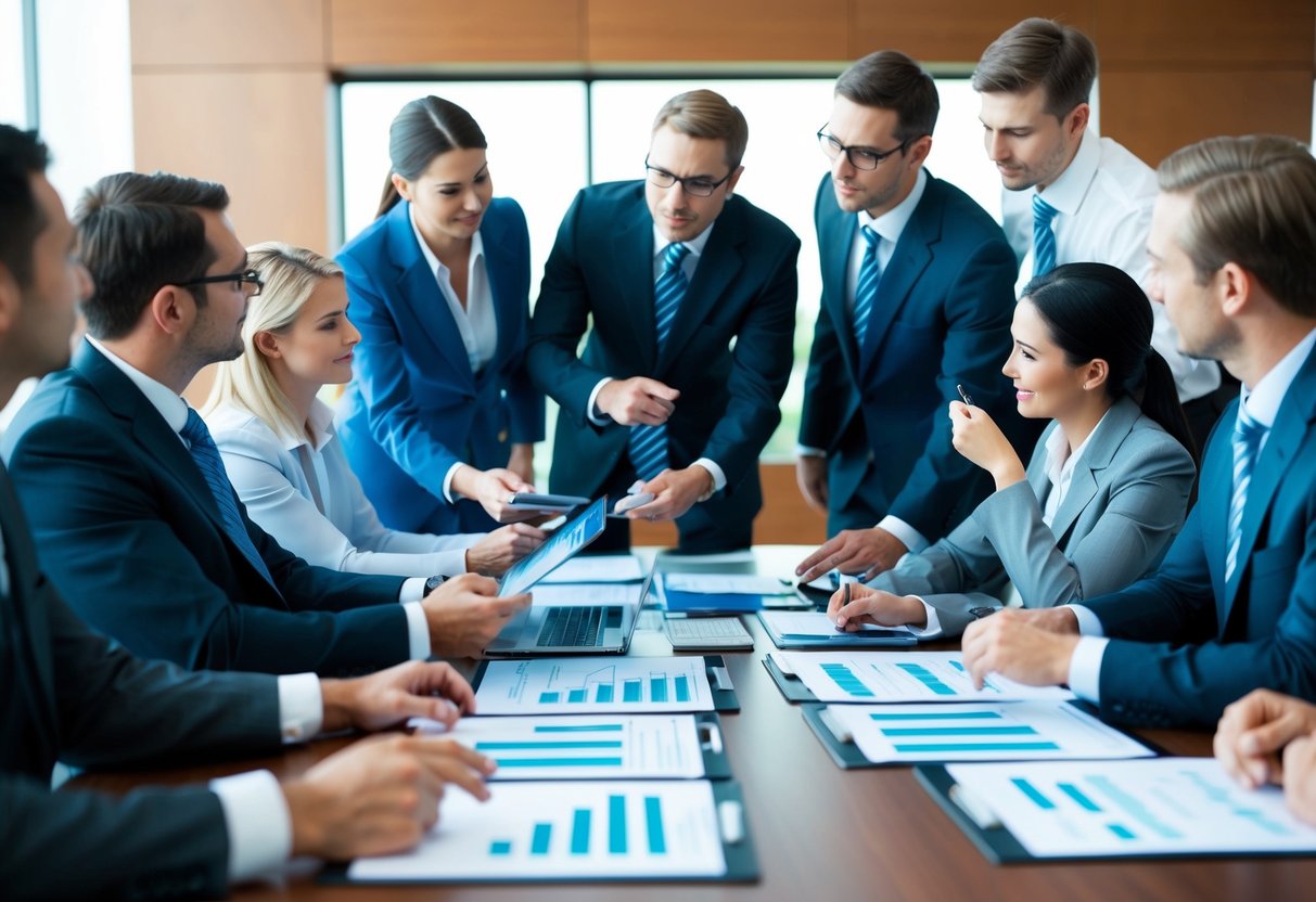 Un groupe de professionnels du secteur analysant des données financières et des graphiques lors d'une réunion en salle de conseil.