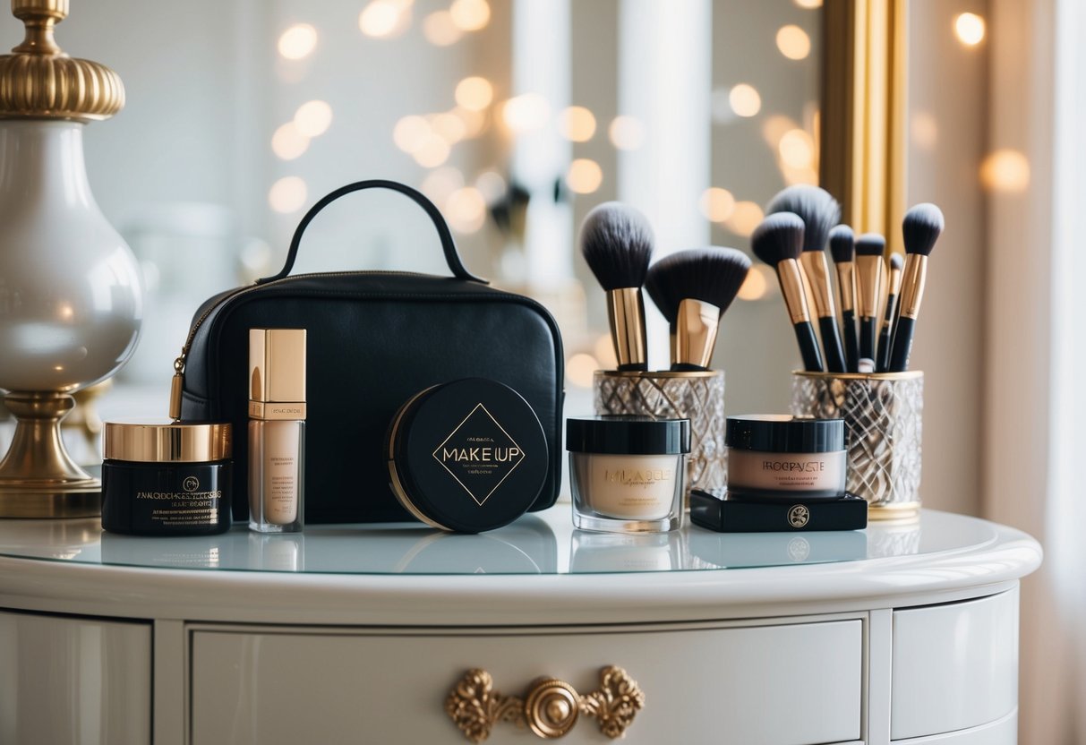 A luxurious makeup kit with high-end products and brushes displayed on a pristine vanity table