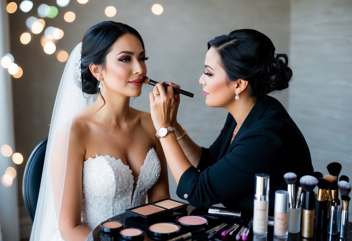 A bride sitting in a chair while a makeup artist applies various products to her face, surrounded by a collection of high-end makeup products and tools