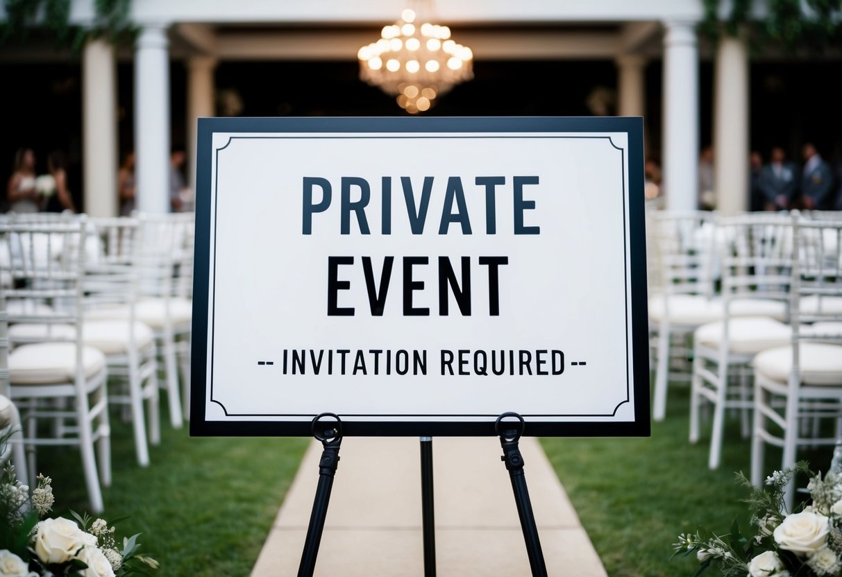 A large sign reading "Private Event - Invitation Required" at the entrance of the wedding venue