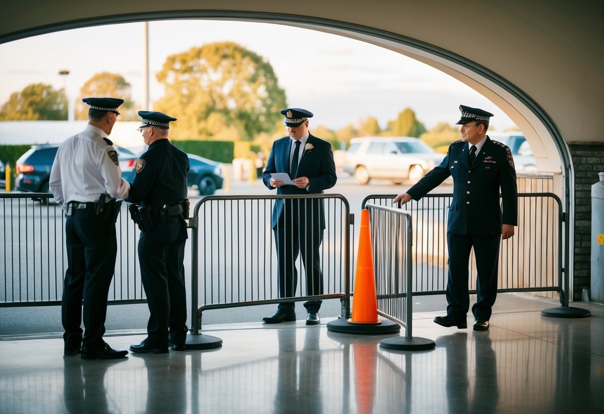 A wedding venue with a barrier, security, and a guest list being checked before entry