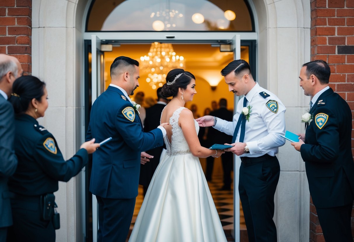 A wedding planner checking guest list at entrance with security staff, turning away uninvited individuals