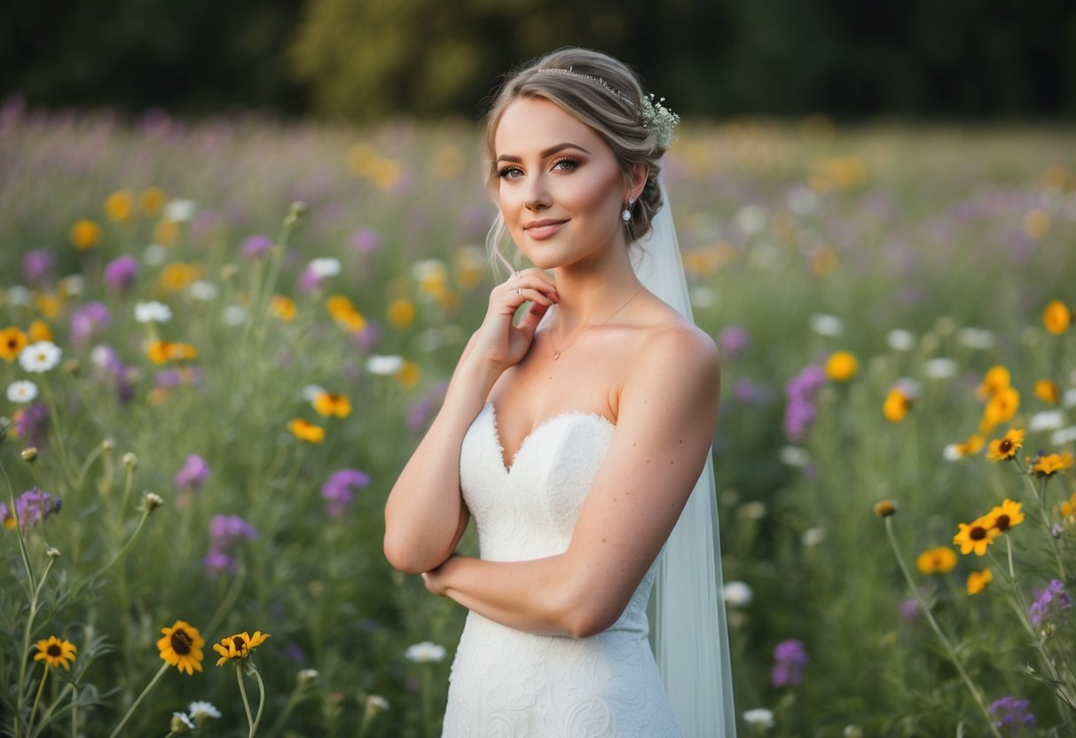 A bride stands in a field of wildflowers, her natural beauty radiating as she confidently embraces her makeup-free look