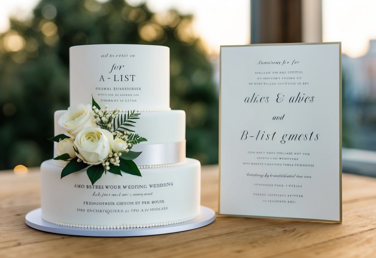 A wedding invitation with two tiers, featuring elegant design for A-list guests and simpler design for B-list guests