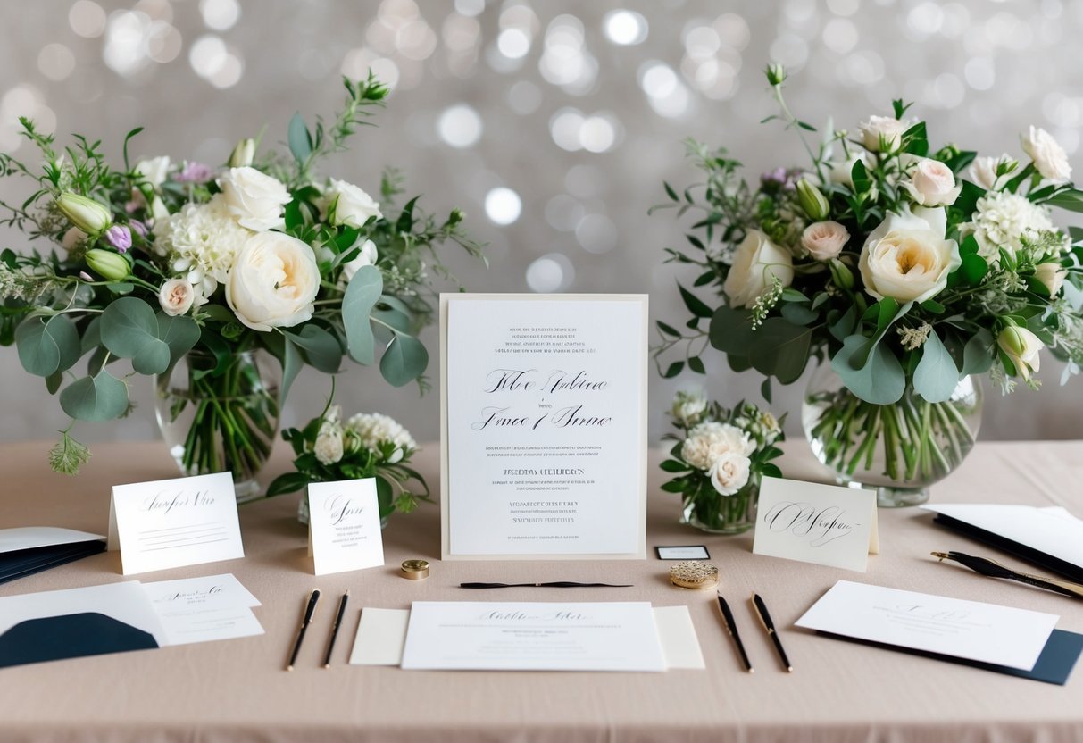 A table set with elegant wedding invitation materials, surrounded by floral arrangements and calligraphy tools