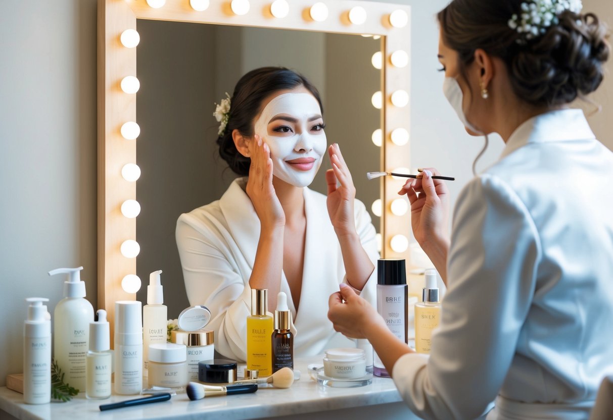 A bride sits in front of a mirror, surrounded by various skincare products and tools. She gently applies a face mask, focusing on self-care for her wedding day