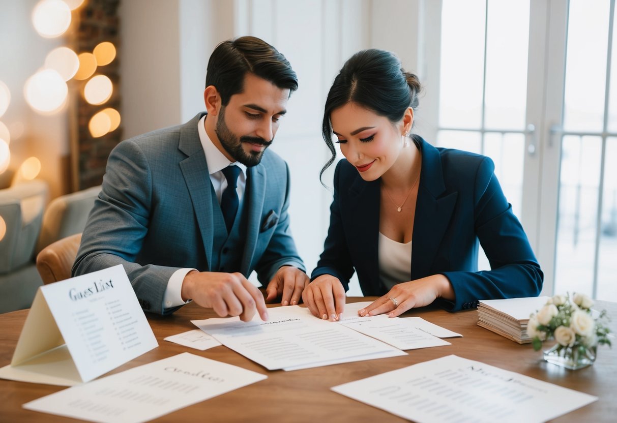 A couple creating a guest list, pondering over names and addresses, surrounded by wedding invitations and a seating chart