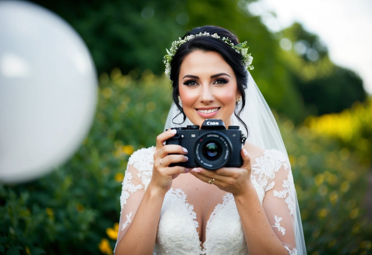 A bride holding a camera, surrounded by natural light and greenery