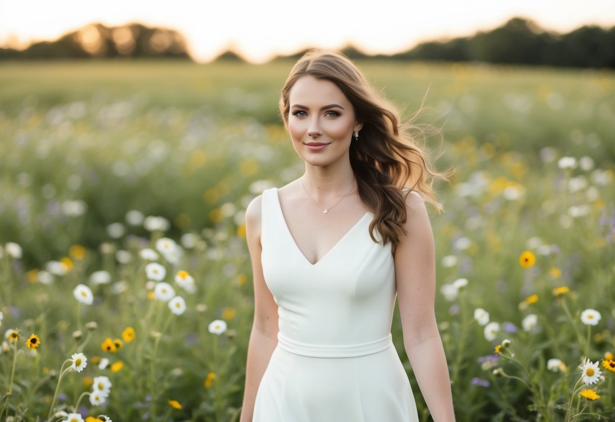 A bride with a natural glow, wearing a simple white dress, stands in a field of wildflowers. Her hair is loose and flowing, and she radiates confidence and beauty without a trace of makeup