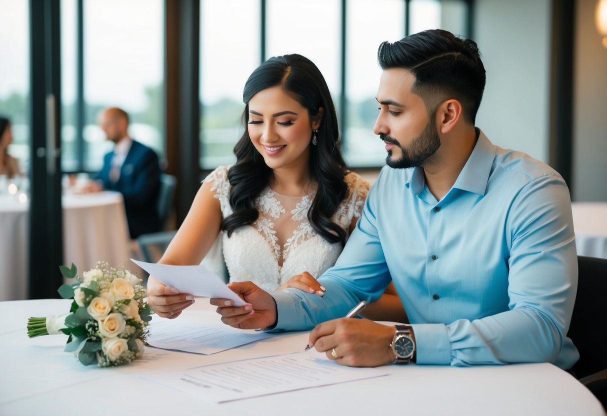A couple sitting at a table with a wedding invitation list, discussing and making notes on how to invite second tier guests