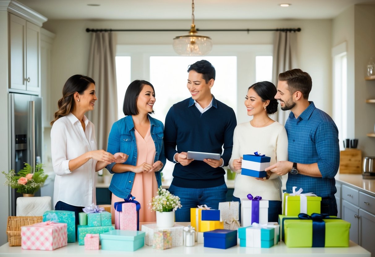 A table with various household items, surrounded by happy couples discussing and selecting gifts for their wedding registry