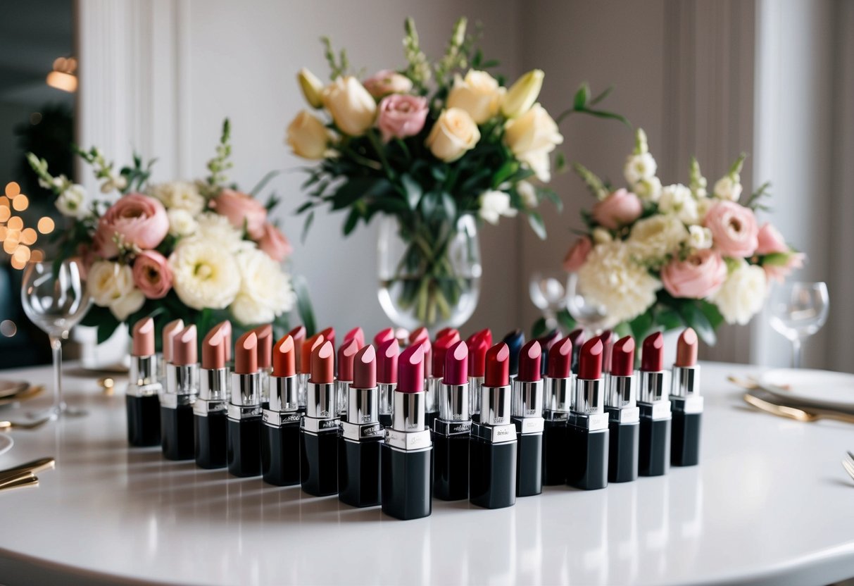 A table with rows of lipstick shades displayed, surrounded by elegant floral arrangements and soft lighting