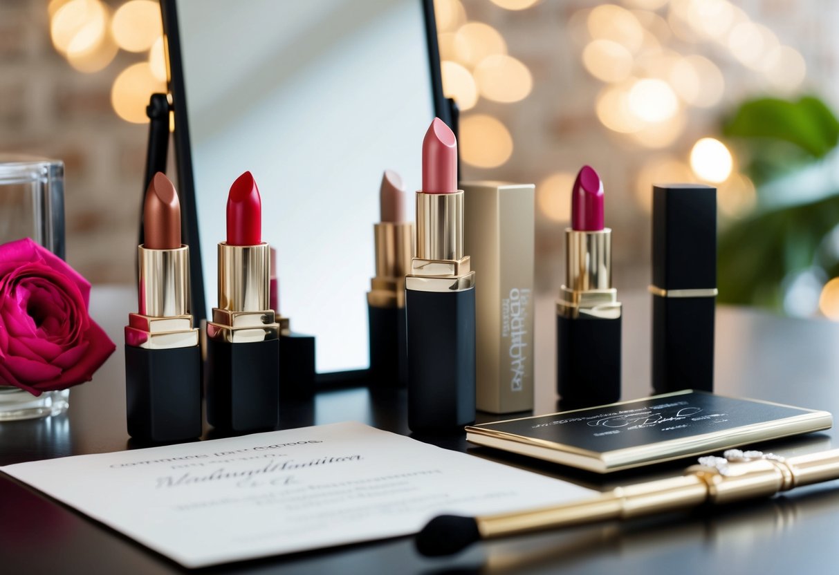 A table with various lipstick shades, a mirror, and a wedding invitation