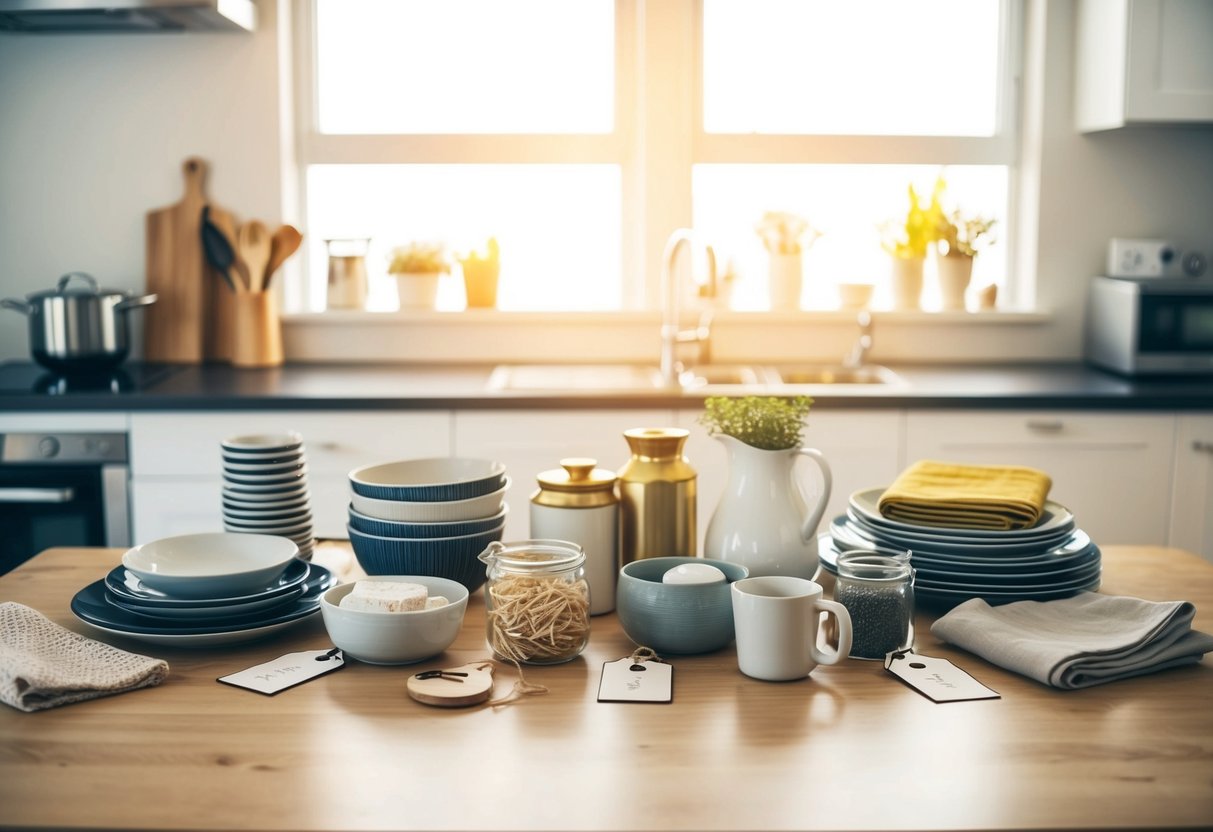 A table with various household items, such as kitchenware, linens, and decorative pieces, arranged neatly with tags indicating the item and its desired quantity
