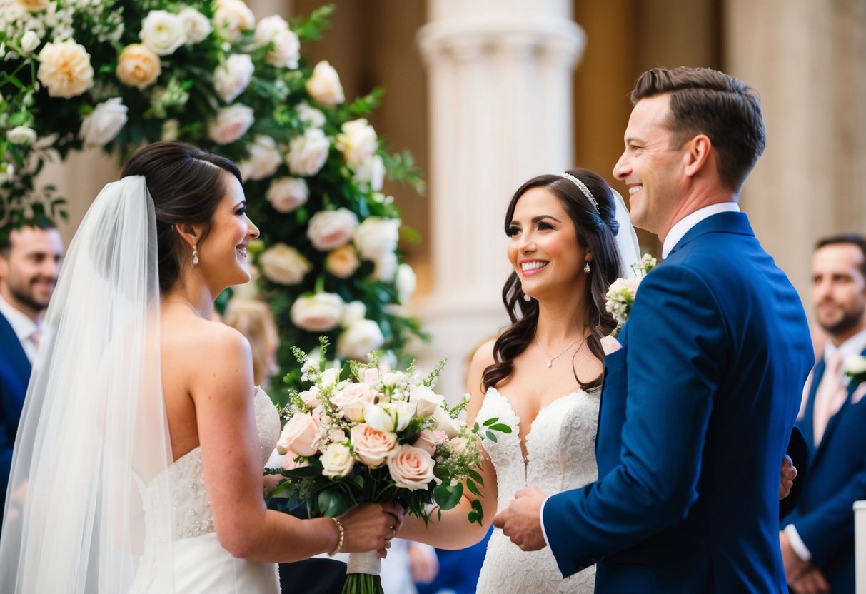 A bouquet of blooming flowers, a beautiful bride, and a beaming groom at the altar