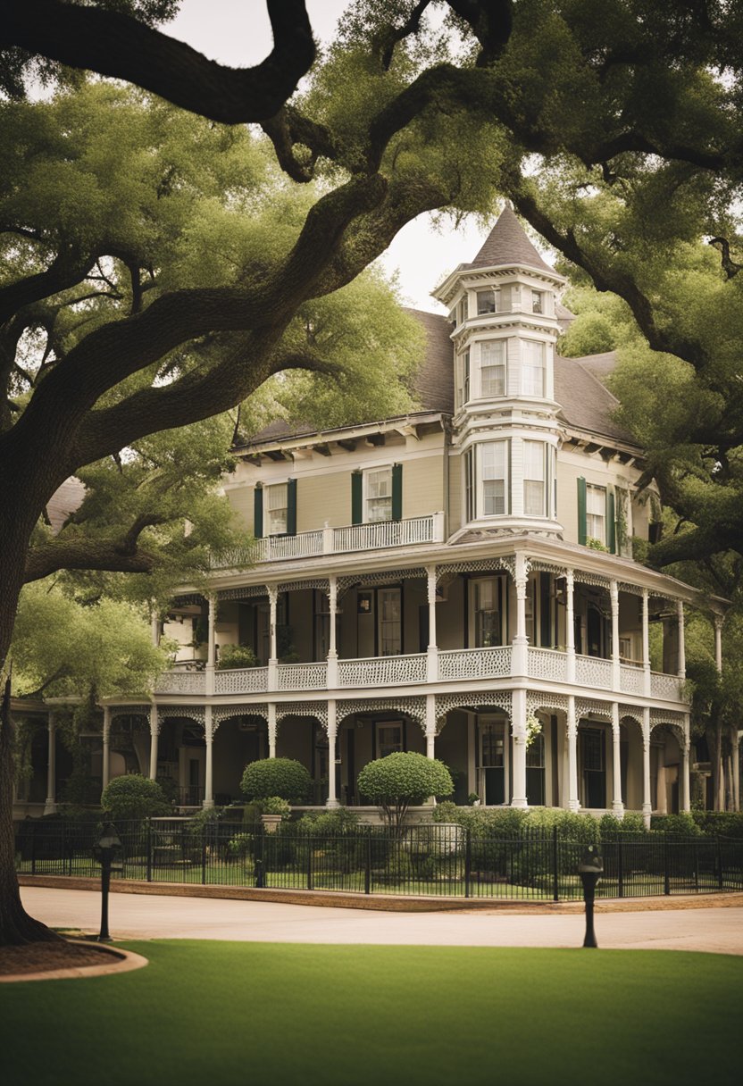 A row of 5 charming historical inns in Waco, Texas, each with unique architectural details and lush gardens, surrounded by towering oak trees