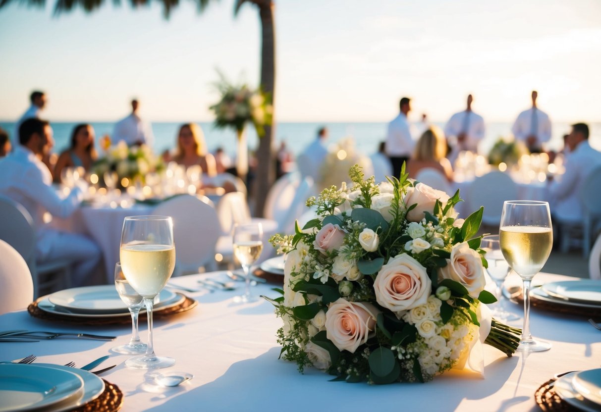 A beautiful bouquet, beaming bride, and bustling banquet at a breathtaking beachfront wedding