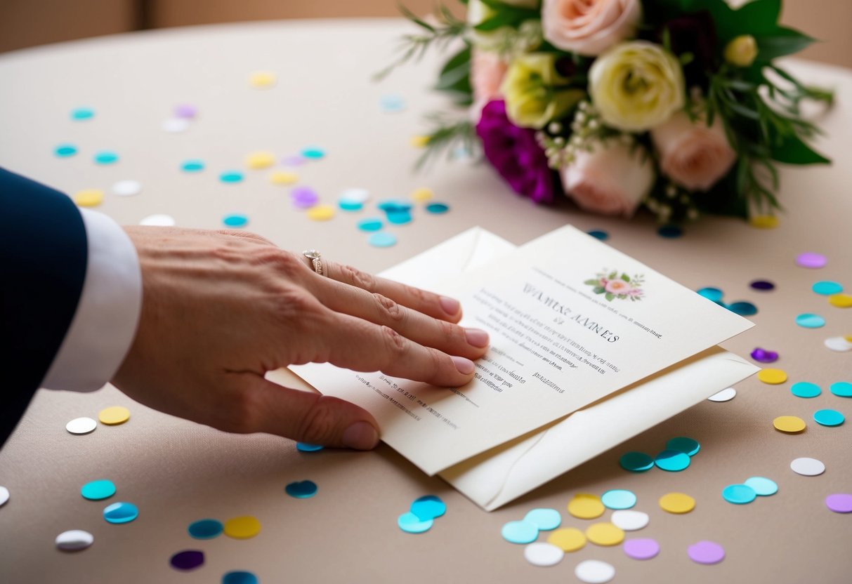 A hand reaching for a wedding invitation on a table, surrounded by scattered confetti and a bouquet of flowers