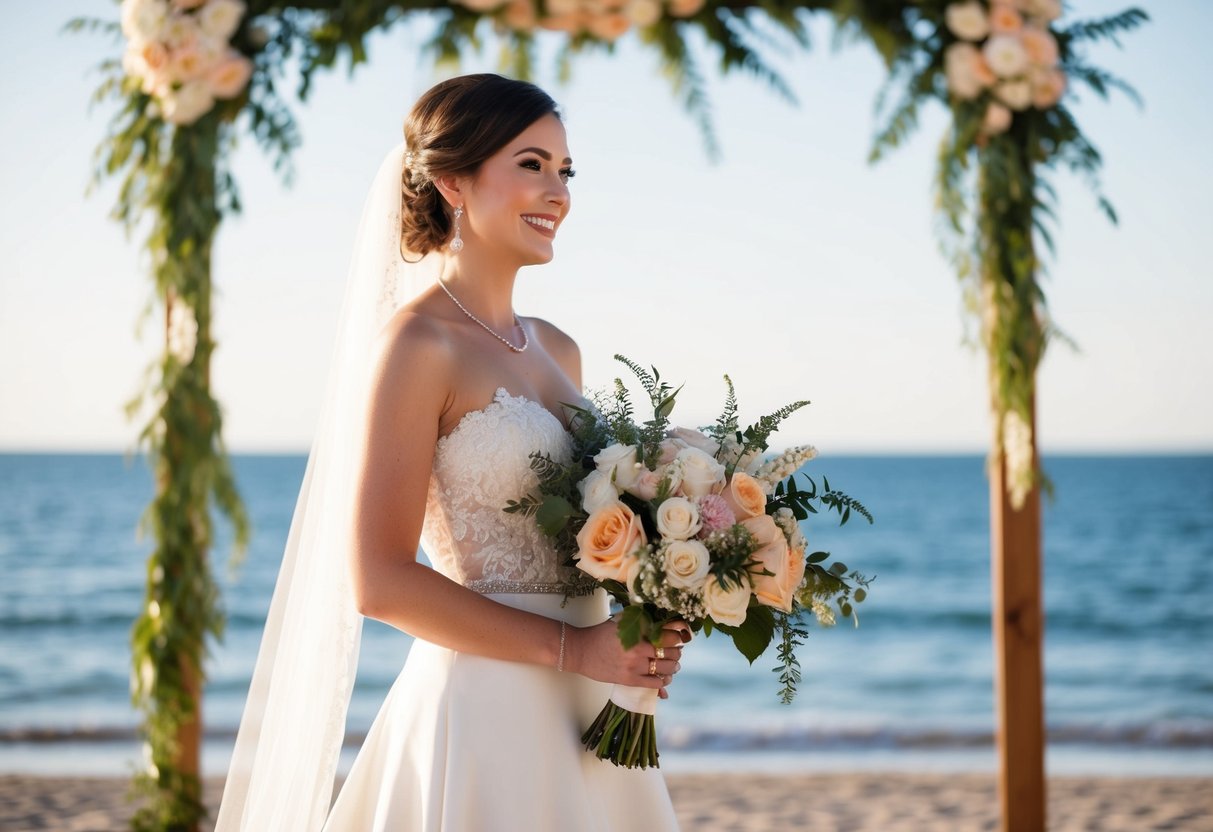 A bride, bouquet, and beautiful backdrop at a beach wedding