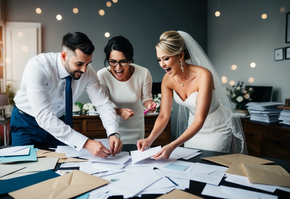 A busy bride and groom frantically sending out last-minute wedding invites, surrounded by a cluttered desk with various paper and envelopes