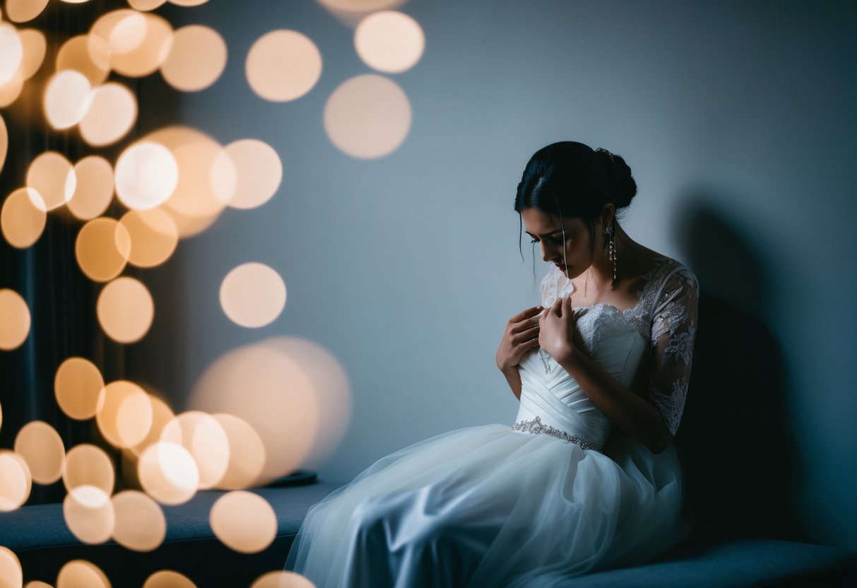 A figure sits alone in a dimly lit room, tears streaming down their face as they clutch a wedding dress in their hands
