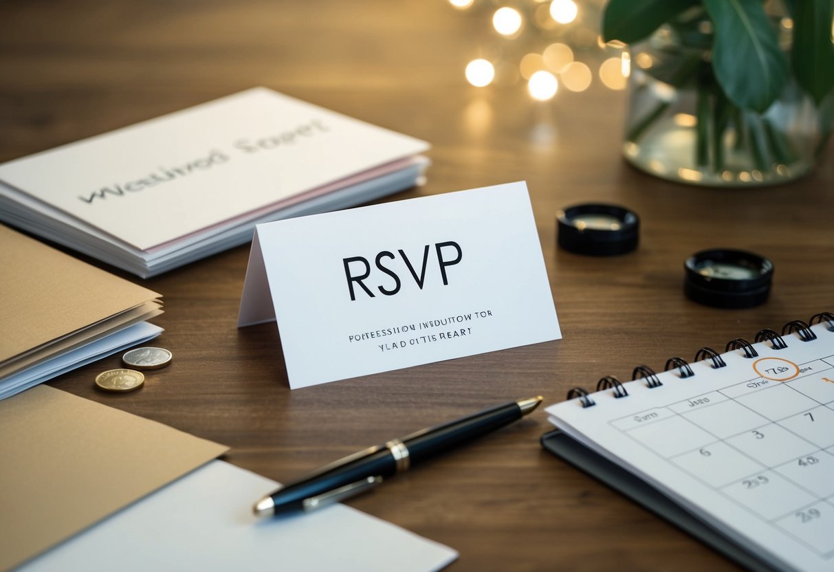 A blank RSVP card sits on a cluttered desk, surrounded by unopened mail and a calendar with a circled wedding date