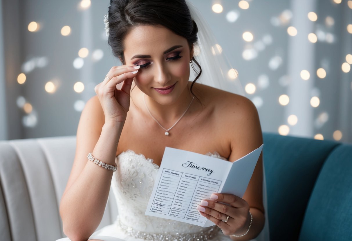 A bride sits alone, wiping tears from her eyes as she gazes at her wedding day itinerary