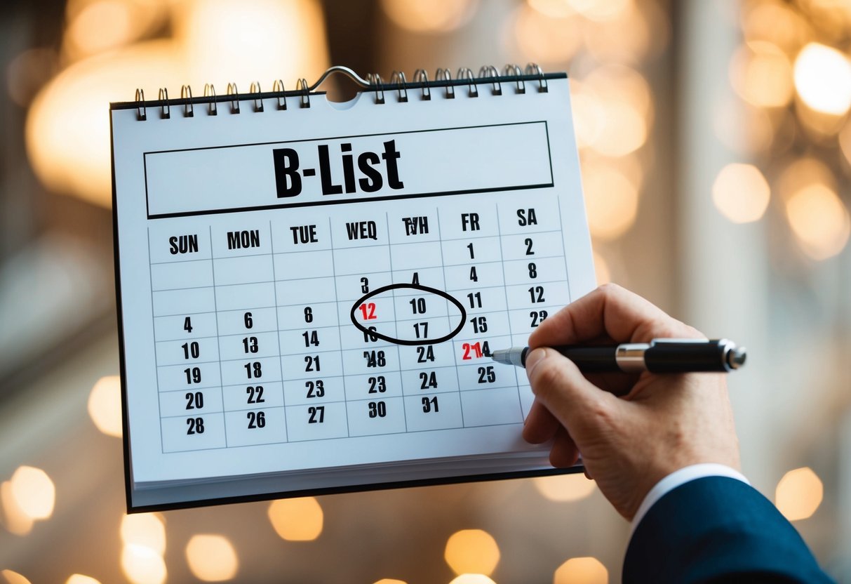 A hand holding a calendar, circling a date for sending B-list wedding invites