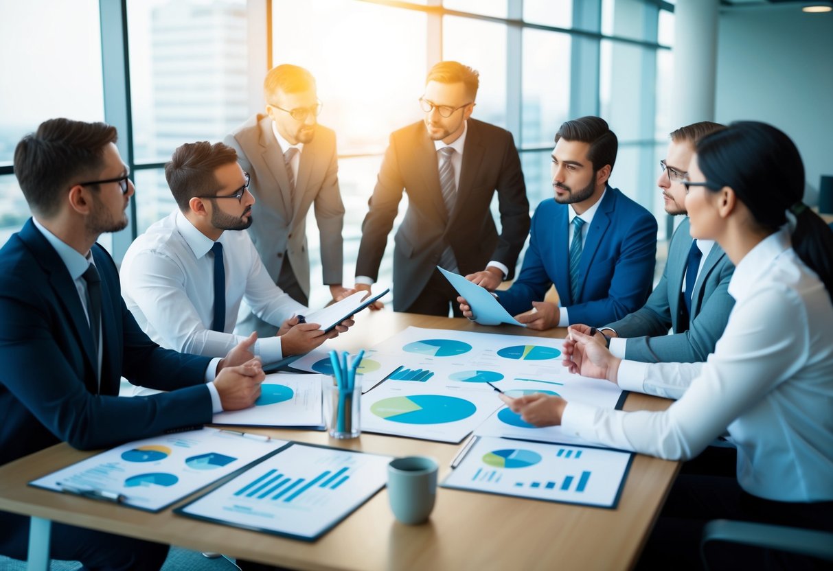 Un groupe de professionnels en train de réfléchir et de discuter des stratégies dans un bureau moderne avec des graphiques, des tableaux et des documents étalés sur une table de conférence.