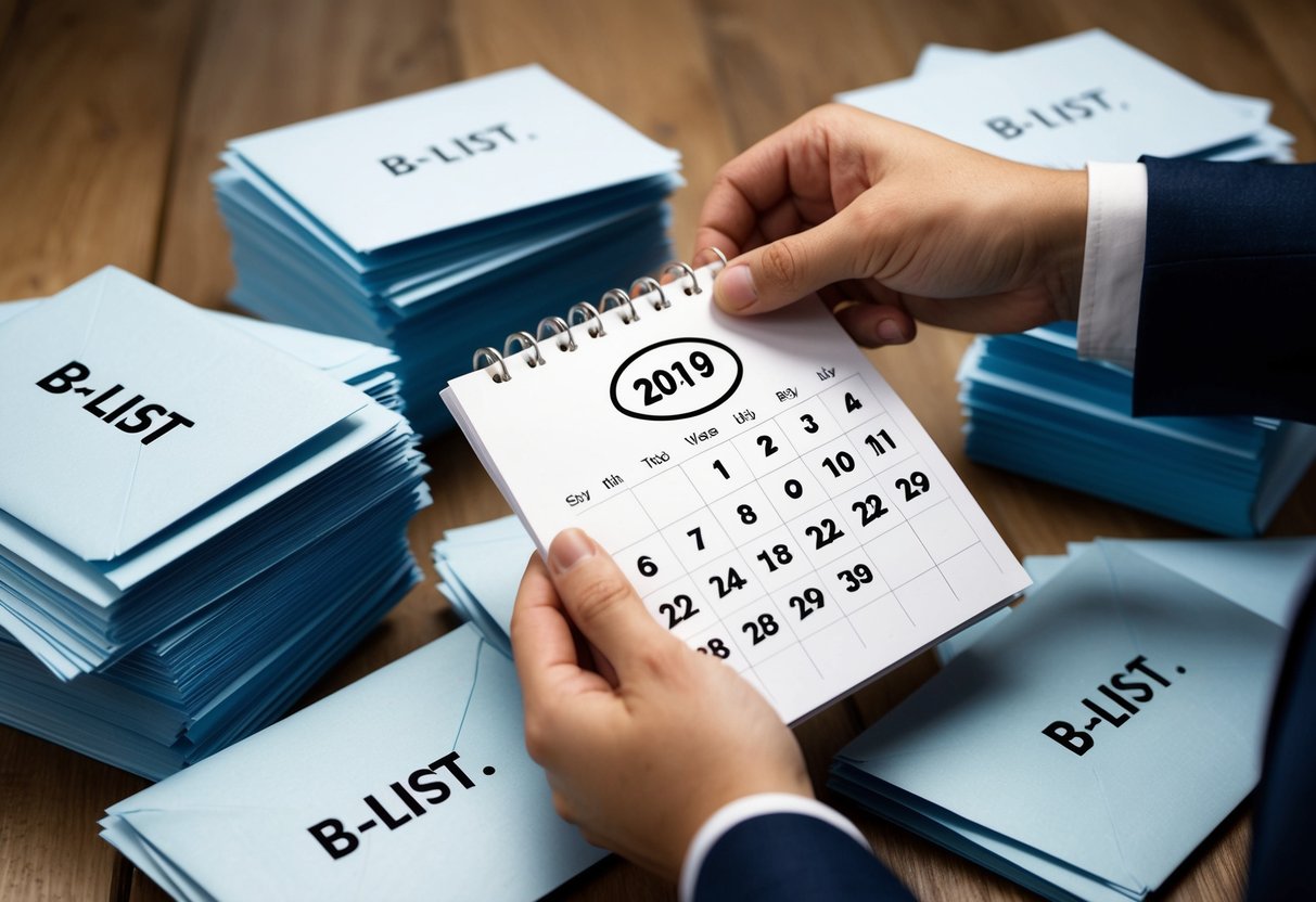 A hand holding a calendar with a wedding date circled, surrounded by piles of invitation envelopes labeled "B-List."