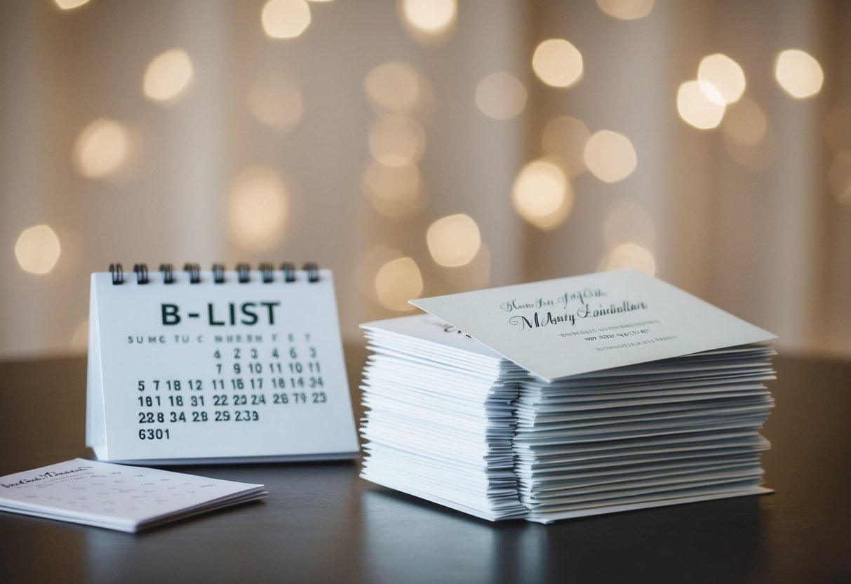 A stack of wedding invitations, some addressed to "B-list" guests, sits on a table next to a calendar marking the date for sending them out