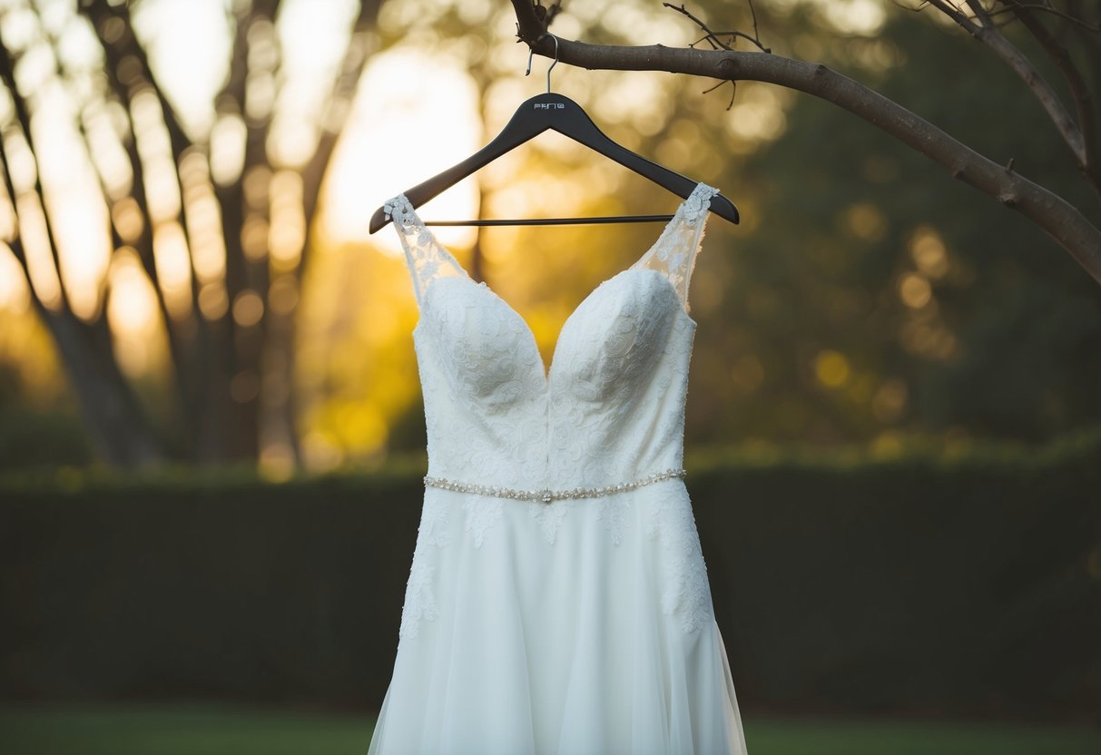 A woman's wedding dress hanging loosely on a hanger