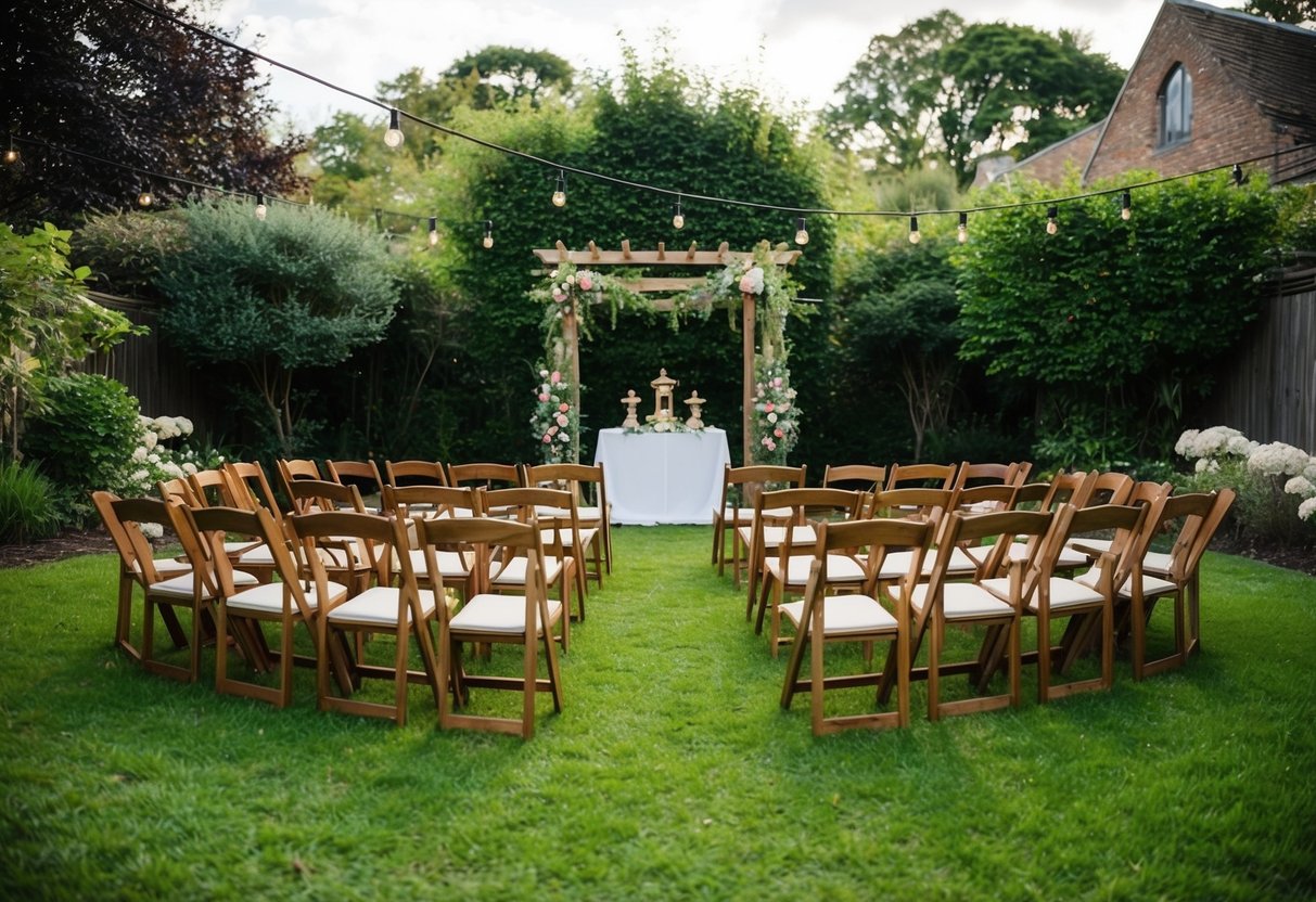 A cozy outdoor garden with 52 chairs arranged in a semi-circle around a small altar adorned with flowers and greenery