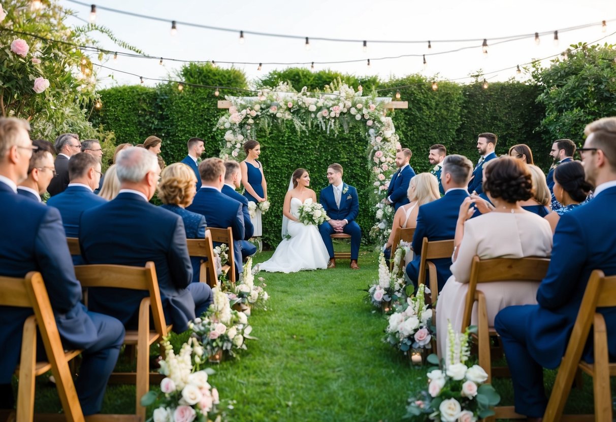 A cozy garden ceremony with a small group of guests seated on wooden chairs, surrounded by blooming flowers and twinkling string lights