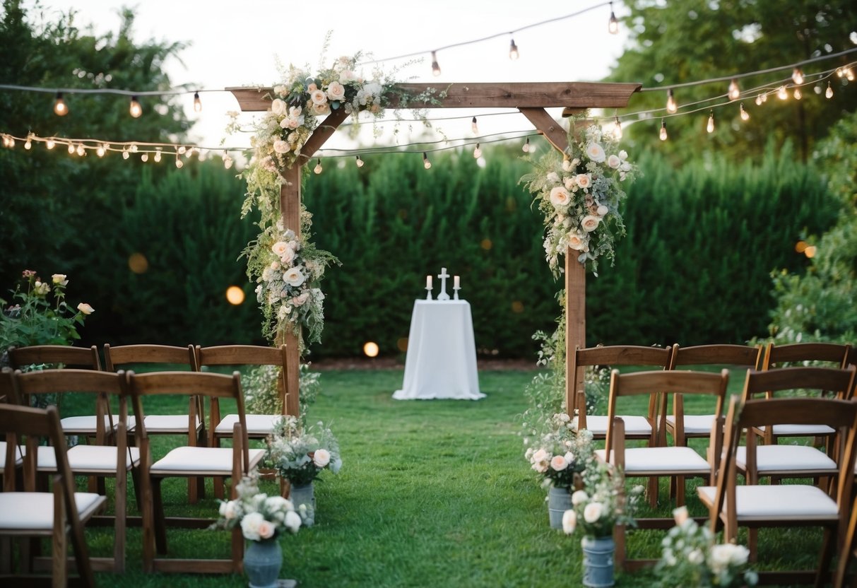 A cozy outdoor garden with a rustic wooden arch adorned with delicate flowers and twinkling string lights, surrounded by a small gathering of chairs and a simple altar