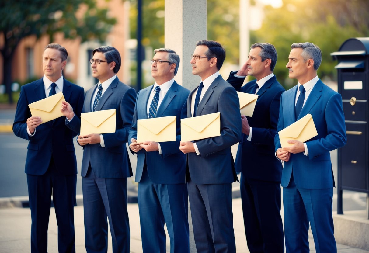 A group of figures stand in front of a mailbox, each holding an envelope. Some shake their heads while others nod