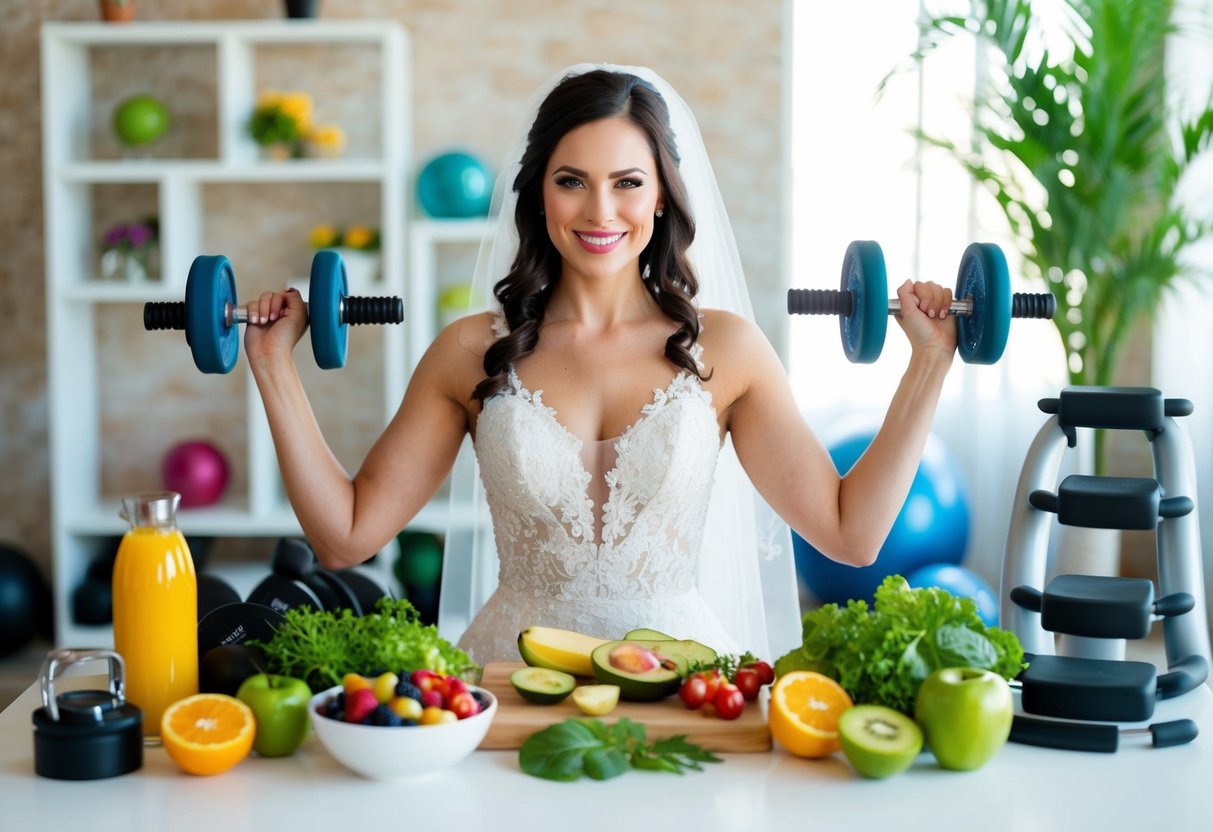 A bride-to-be surrounded by healthy food, exercise equipment, and a wedding dress