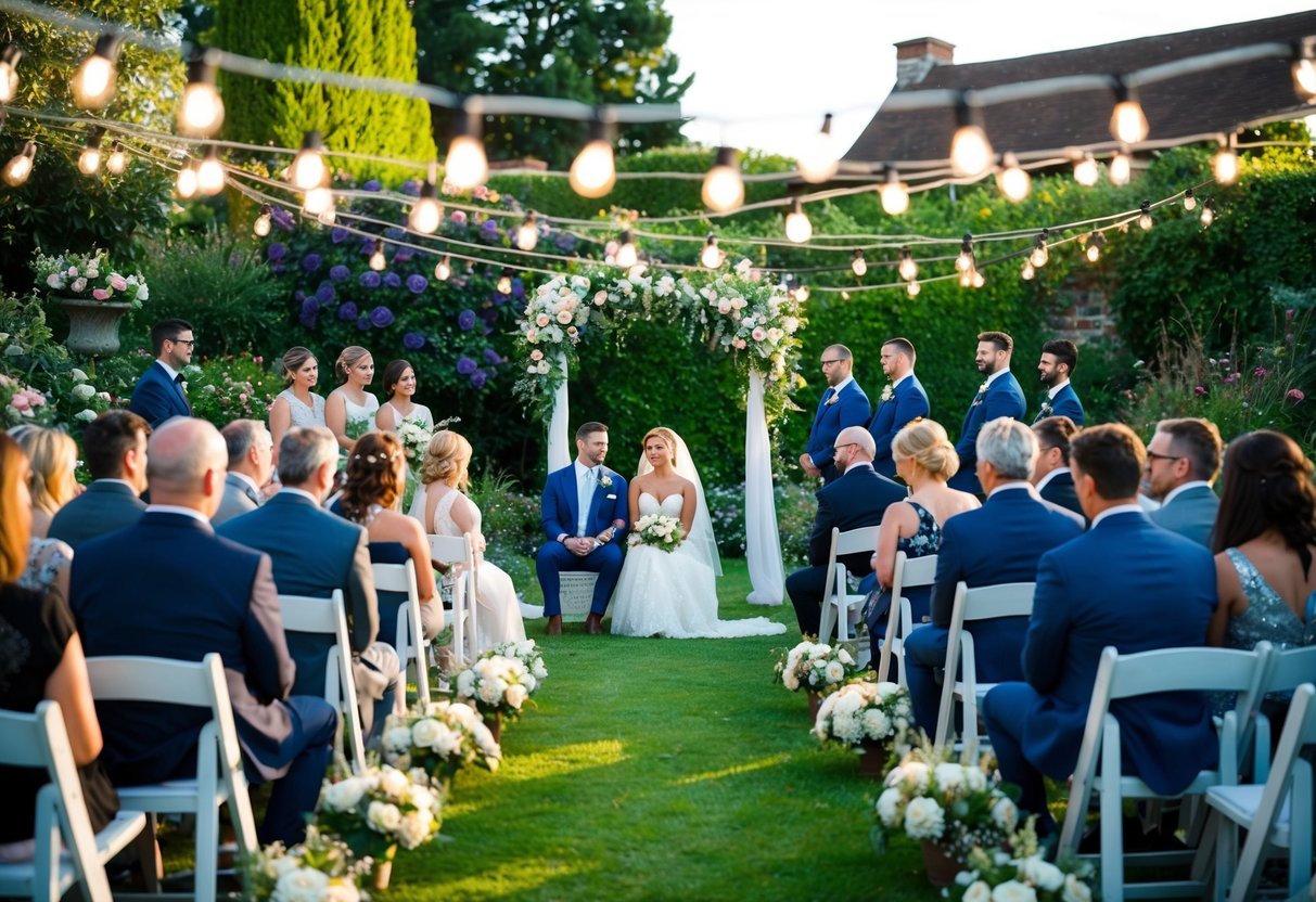 A cozy outdoor wedding ceremony with a small group of guests seated in a picturesque garden, surrounded by blooming flowers and twinkling string lights