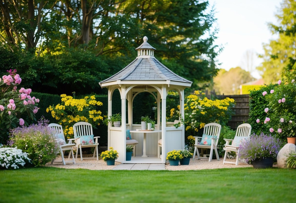 A cozy garden with a small gazebo, surrounded by blooming flowers and a few scattered chairs