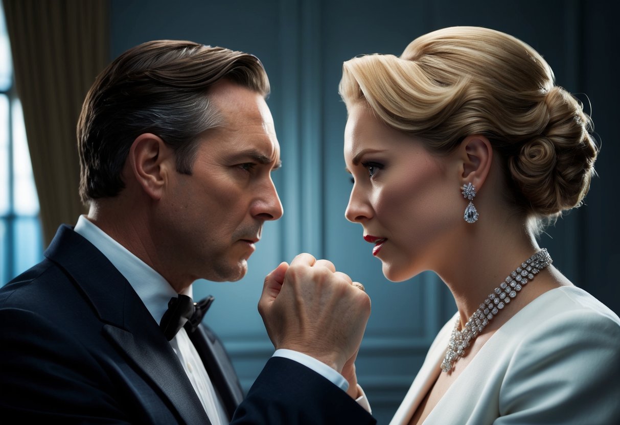 Tension between two figures in elegant attire, one with a downtrodden expression and the other appearing confrontational