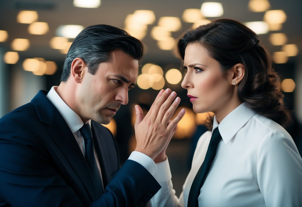 Tension between two figures in formal attire, one appearing distressed while the other looks confrontational