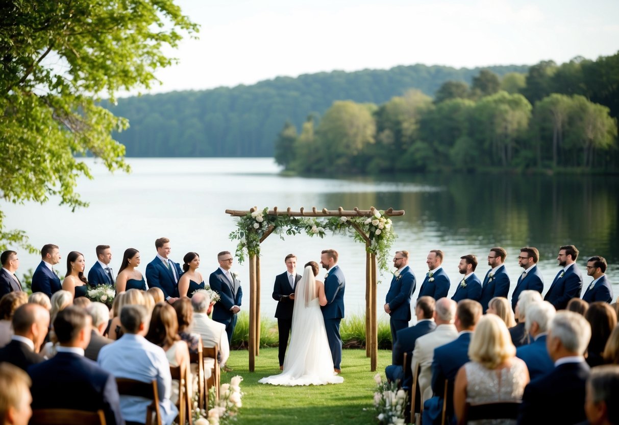 A cozy outdoor ceremony with a small group of guests gathered around a beautifully decorated arbor, overlooking a serene lake