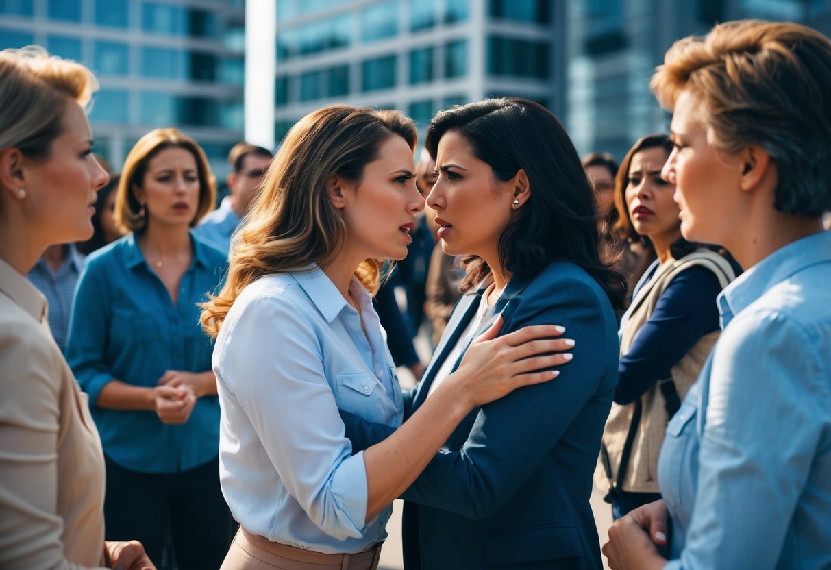 A tense confrontation between two women, surrounded by onlookers with conflicting reactions