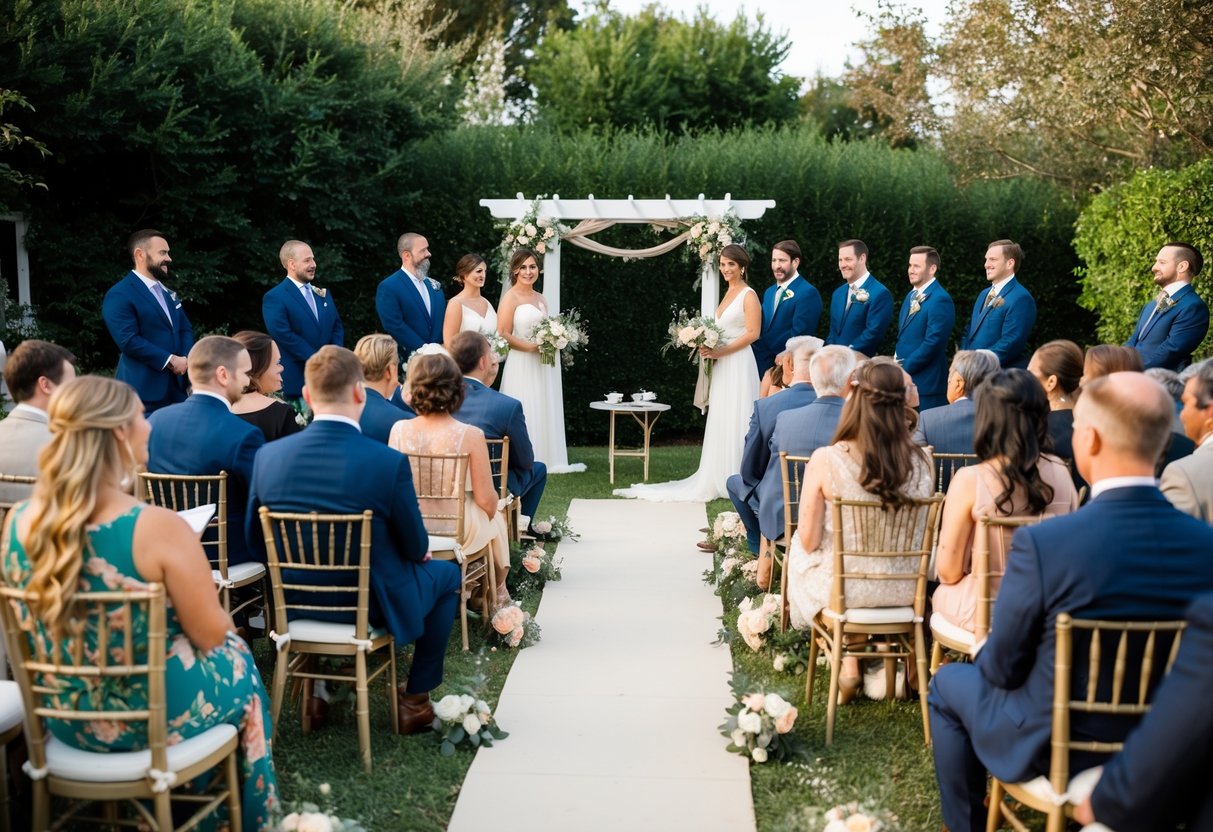 A cozy outdoor wedding with a handful of guests seated at small, elegantly decorated tables. Vendors are setting up a simple yet charming ceremony area