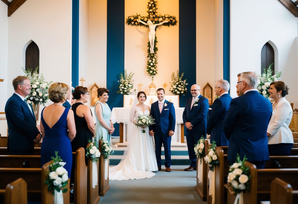 A traditional church setting with an altar, pews, and floral decorations. A couple stands at the front, surrounded by family and friends