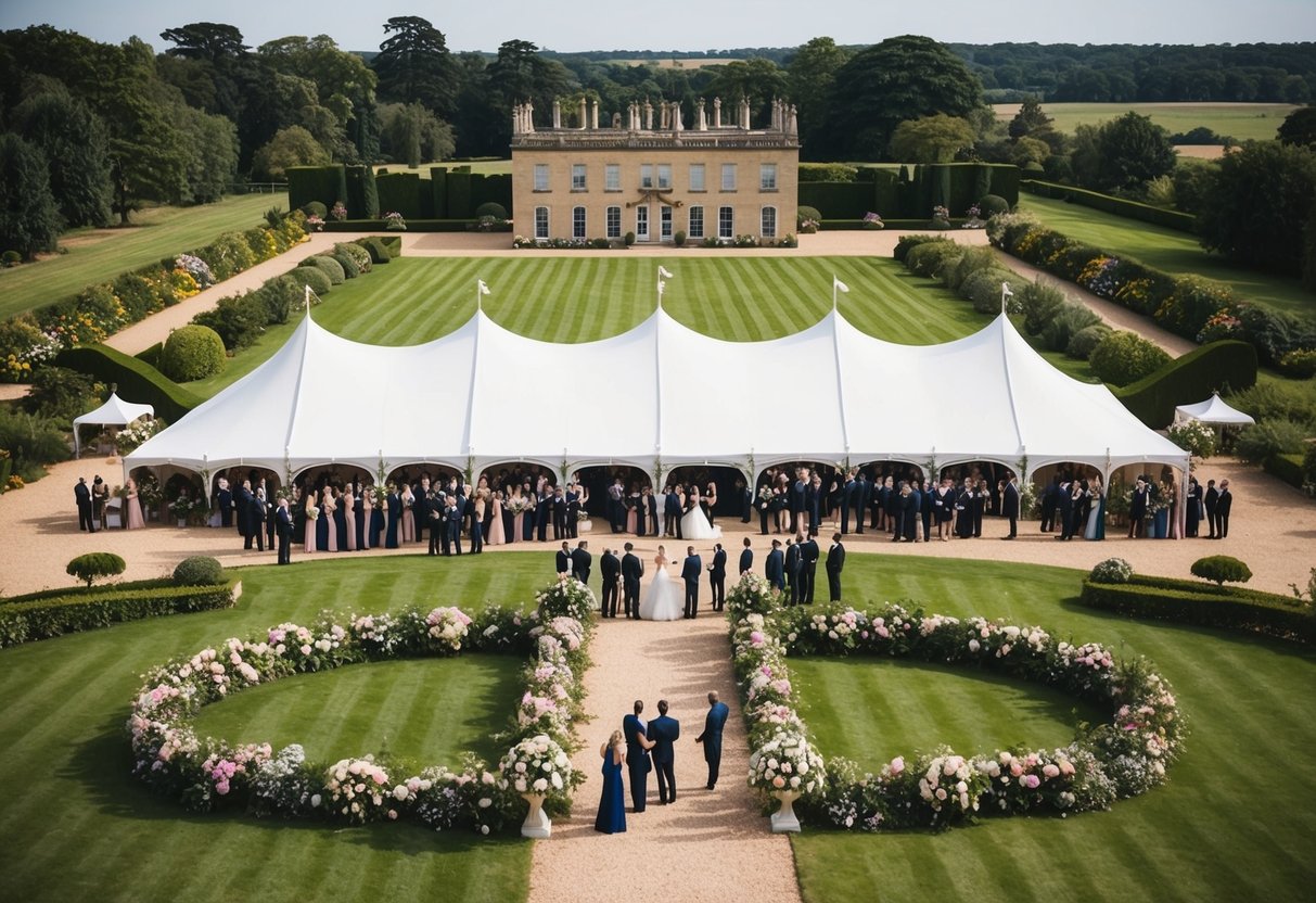 A grand manor with a sprawling garden, adorned with floral arches and a large marquee filled with guests and a live band