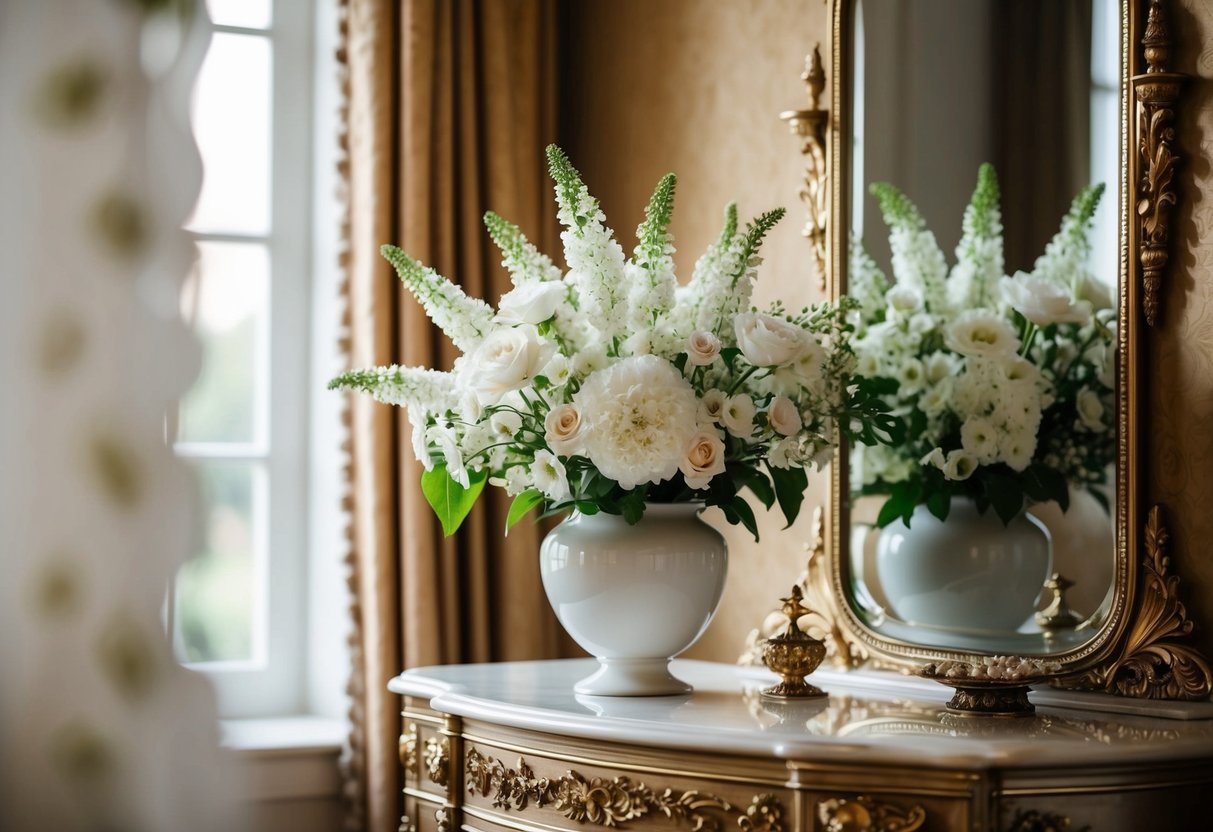 A delicate bouquet of white flowers on a regal vanity