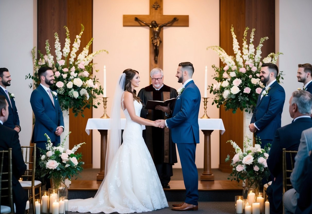 A bride and groom standing at the altar, surrounded by flowers and candles, as a minister officiates their wedding ceremony